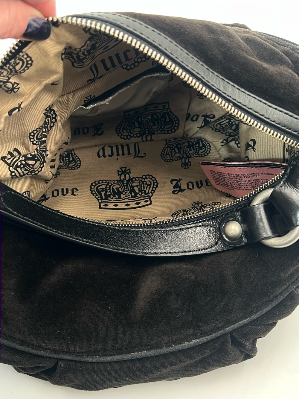 Vintage Juicy Couture Black Velour Love G&P Slouchy Hobo Bag Y2K McBling Rare - Picture 9 of 15